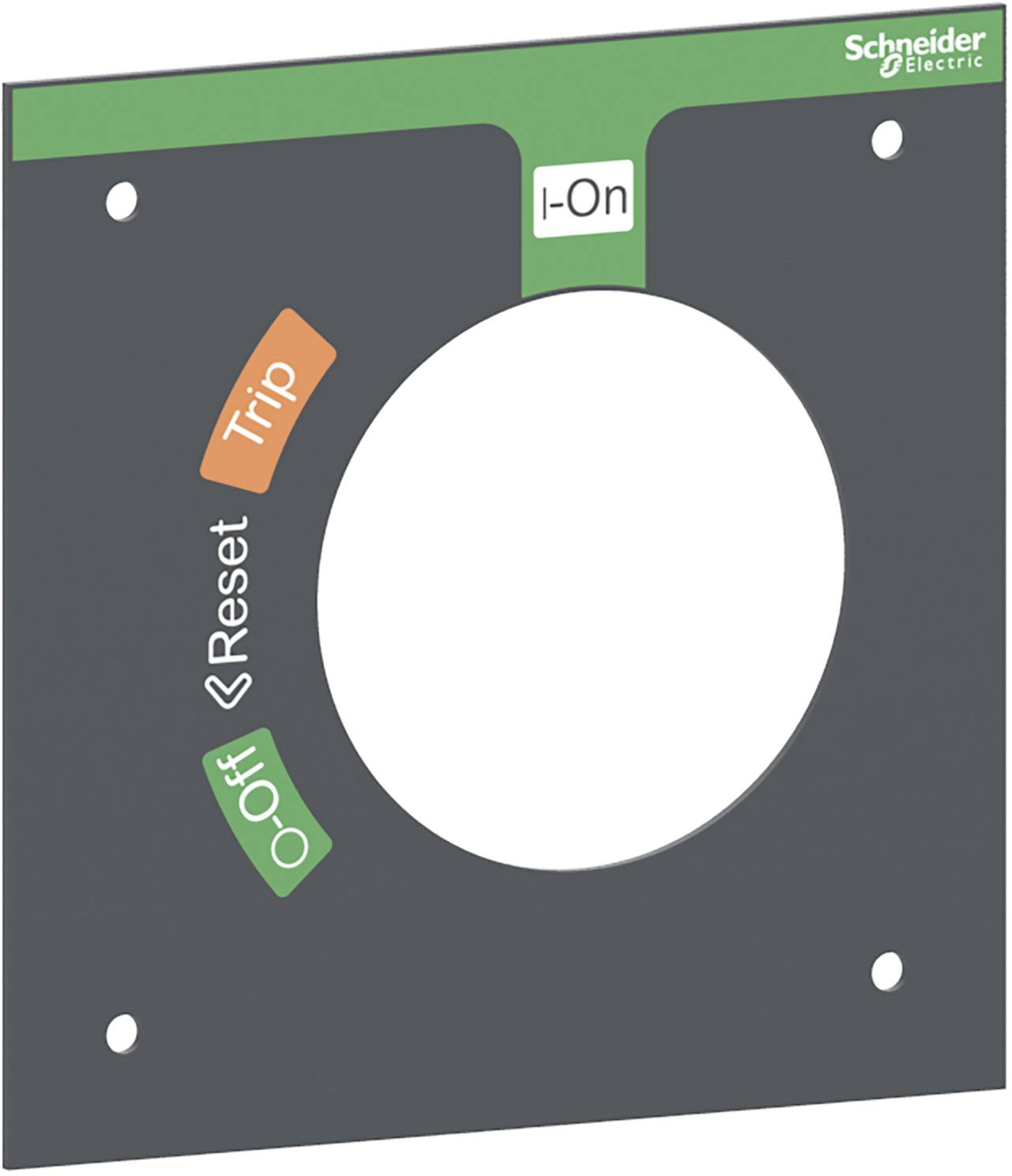 Graue Schalttafel mit weißer Aussparung, grüner und oranger Schrift: 'I-On', 'Trip', 'Reset', 'Off'. Schneider Electric-Logo.