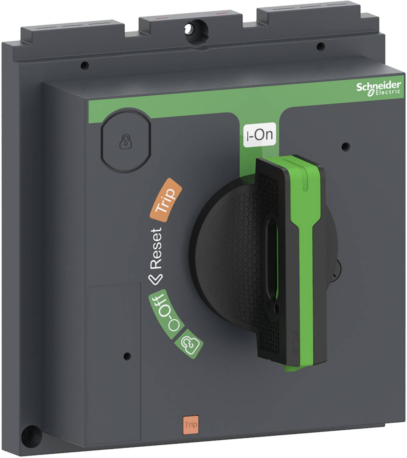 Ein Schaltschalter von Schneider Electric mit Positionen 'I-On', 'Trip', 'Reset', und 'Off'. Der Hebel steht auf 'I-On'.