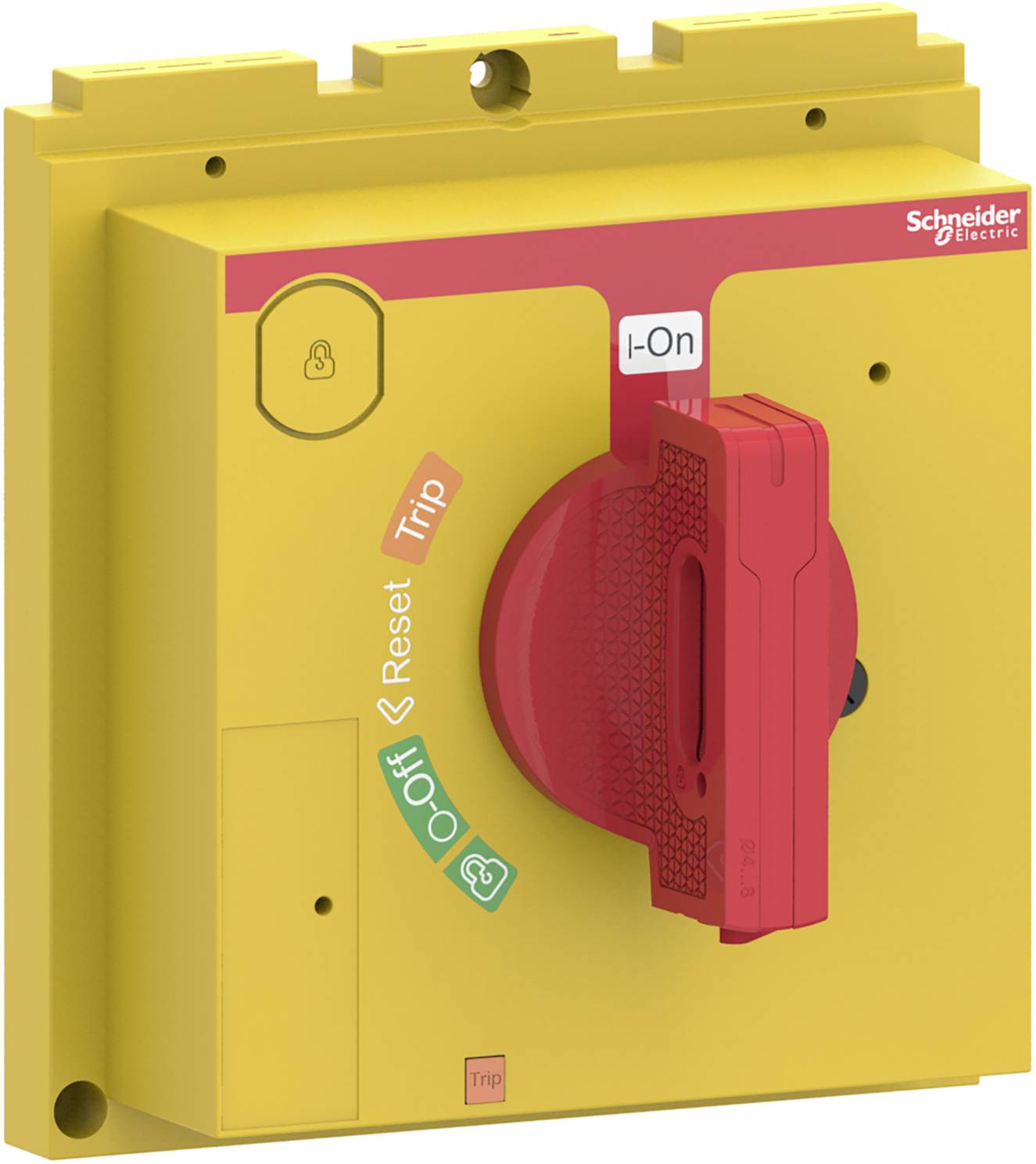 Gelber Not-Aus-Schalter von Schneider Electric mit rotem Griff und Beschriftungen für 