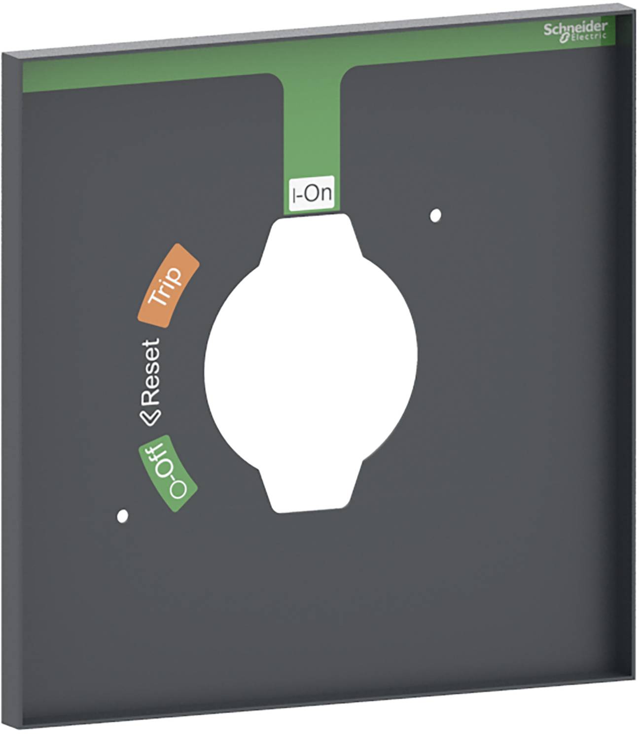 'Schneider Electric' Schalter mit grünem 'I-On'-Label oben, darunter rote 'Trip' und gelbe 'Reset' Labels, symbolisiert Schalterzustände.