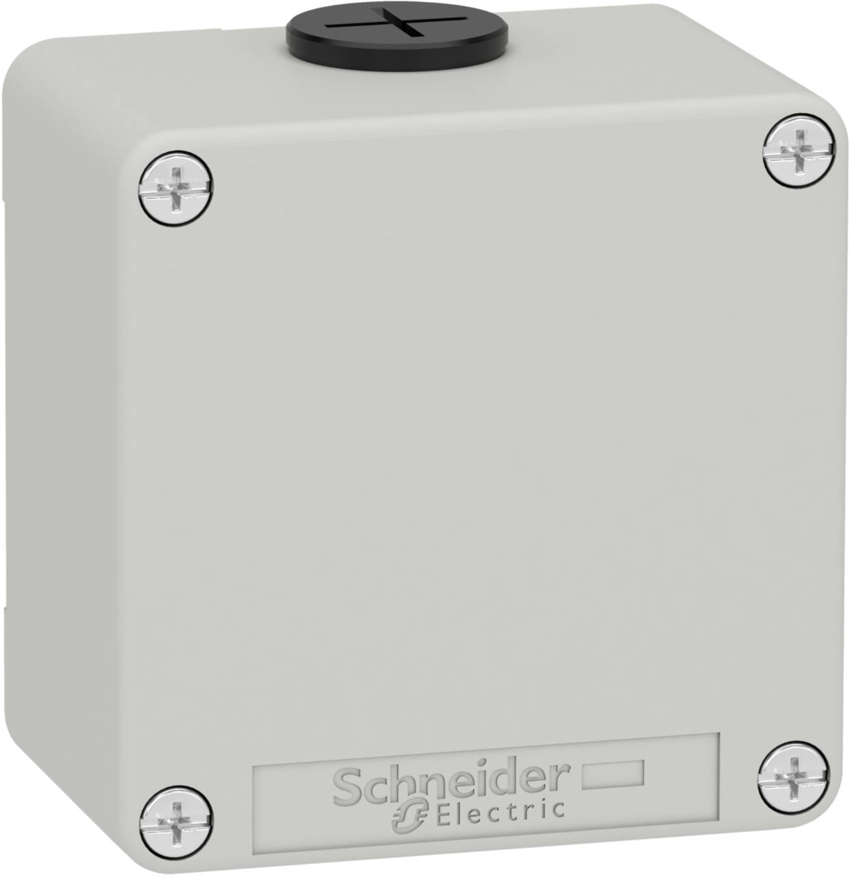 Ein graues, quadratisches elektrisches Gehäuse mit vier Schrauben an den Ecken, mit einem runden Verschluss oben, markiert mit 'Schneider Electric'.