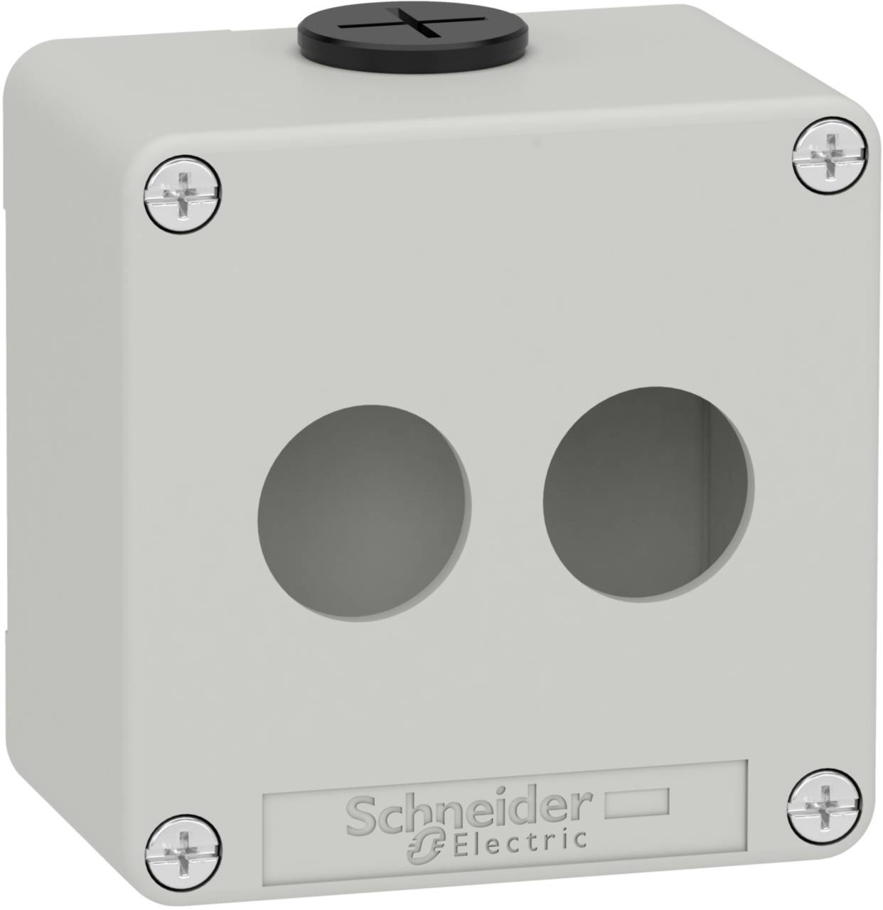 Gehäuse mit zwei kreisförmigen Aussparungen vorne, Schrauben an den Ecken, Logo 'Schneider Electric' unten, graues Kunststoffmaterial.