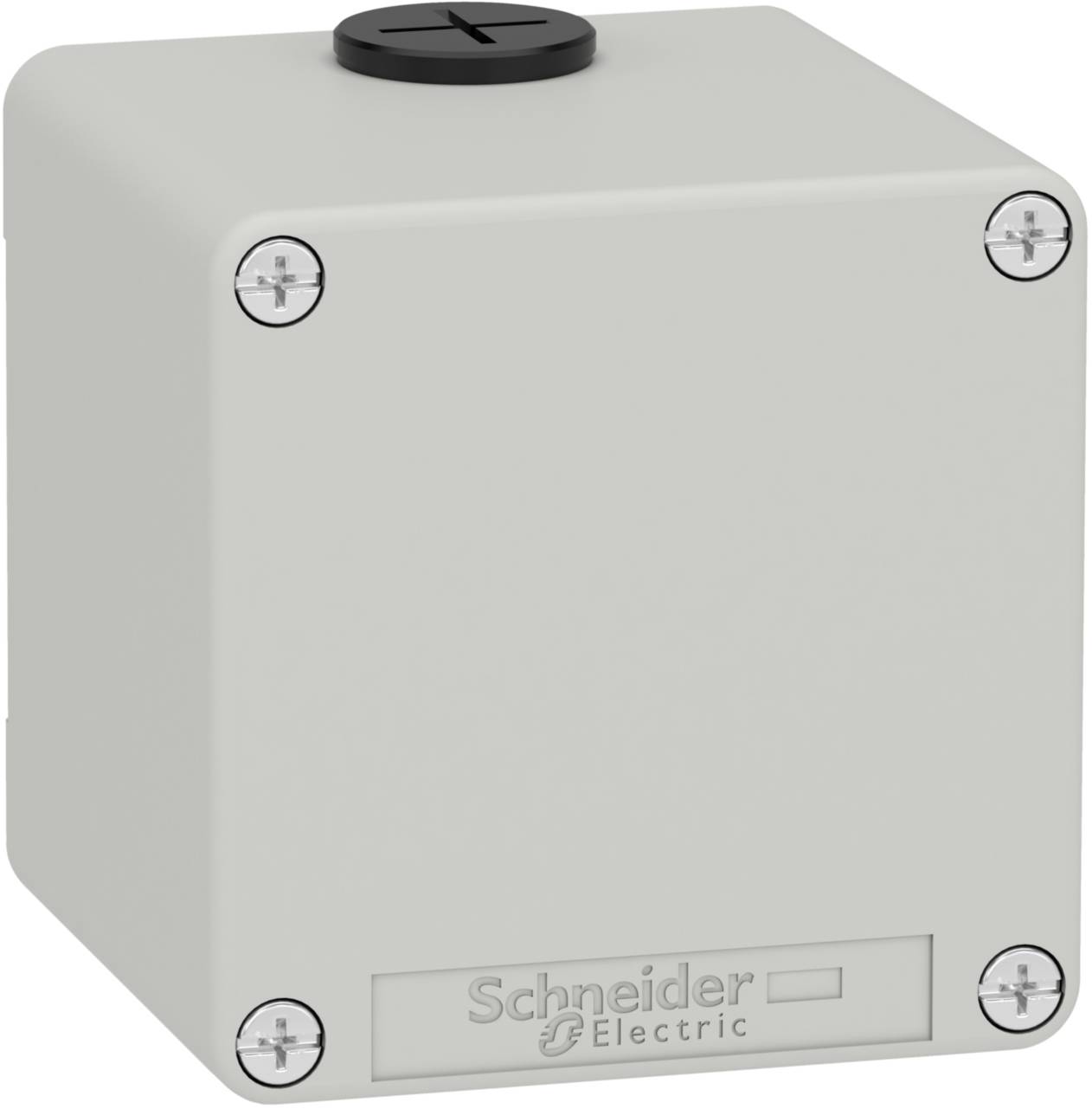Grauer rechteckiger Kasten mit Schrauben an den Ecken und einem runden schwarzen Drehknopf oben, Aufschrift 'Schneider Electric'.