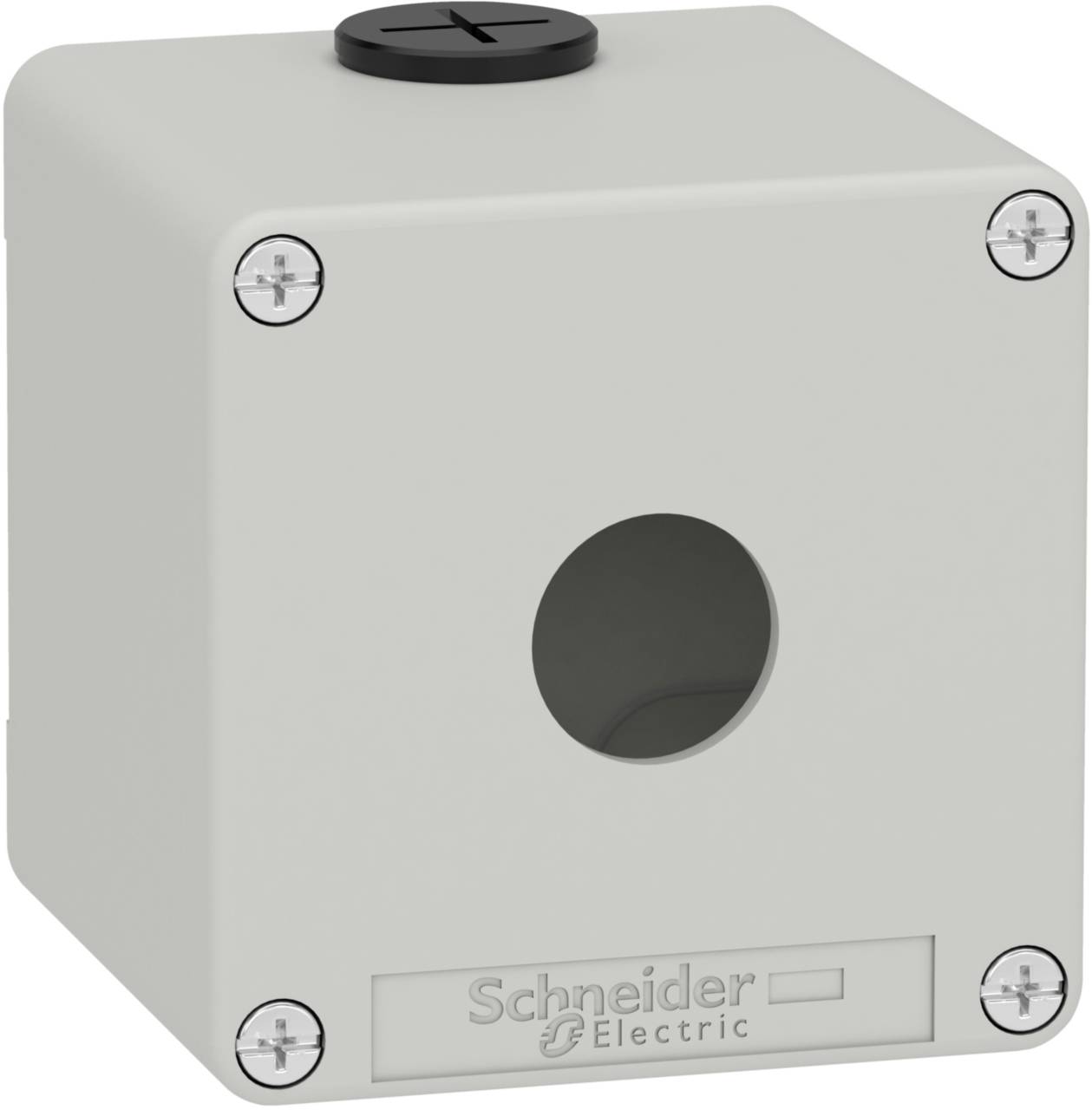 Graues Gehäuse aus Kunststoff mit rundem Loch für Taster, vier Schrauben an den Ecken, schwarzem Deckel oben. Markenlogo unten.