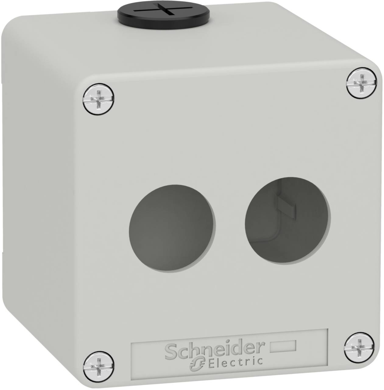 Graues Kunststoffgehäuse mit zwei runden Öffnungen und 'Schneider Electric'-Logo. Geeignet für industrielle elektrische Anwendungen.