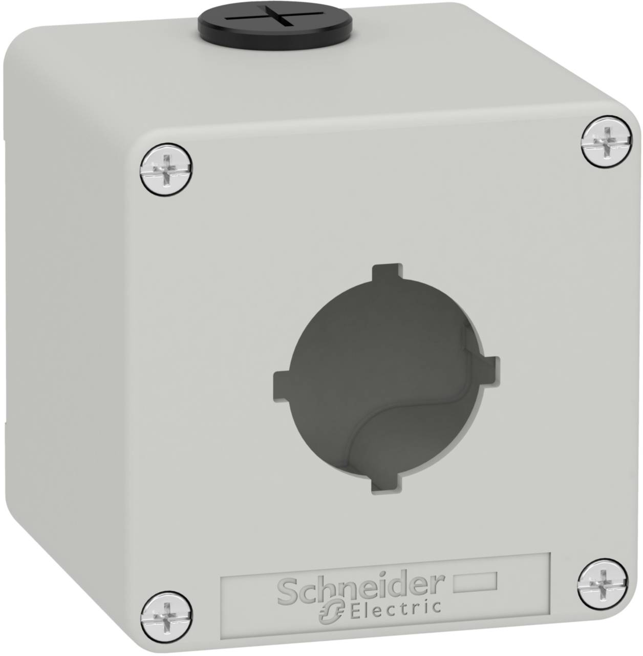 Graues Kunststoffgehäuse mit abgerundeten Ecken, Aufschrift 'Schneider Electric', großes zentrales Loch und vier Schraublöcher.