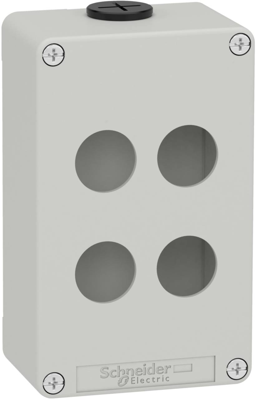 Metallgehäuse mit vier runden Aussparungen, geeignet für die Installation von elektrischen Komponenten. Aufschrift: 'Schneider Electric'.