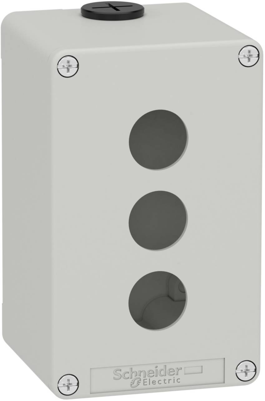 Gehäuse von Schneider Electric mit drei kreisförmigen Öffnungen auf der Vorderseite und einer schwarzen Abdeckung oben.