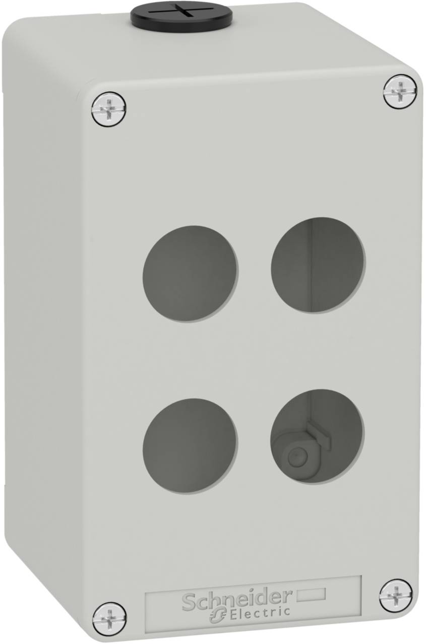Gehäuse von Schneider Electric mit vier runden Öffnungen, geeignet für industrielle Schalter oder Tastermontage.
