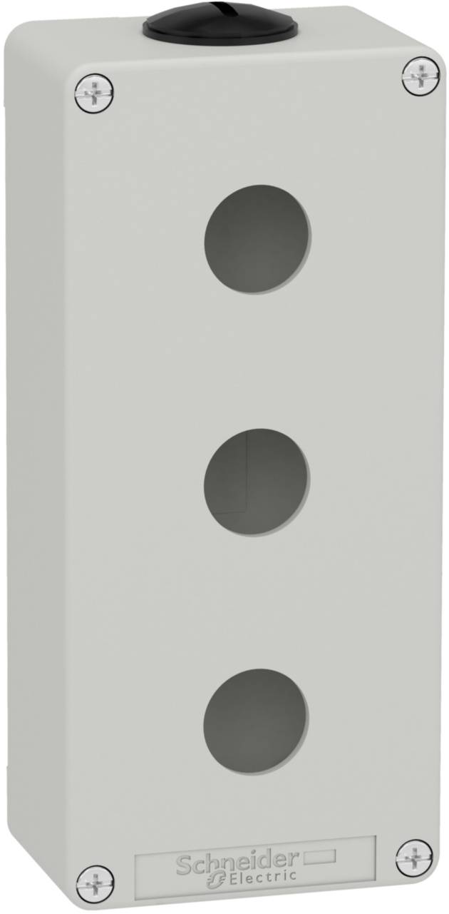Gehäuse für elektrische Schalter von Schneider Electric mit drei runden Öffnungen zur Installation von Tastern oder Anzeigen.