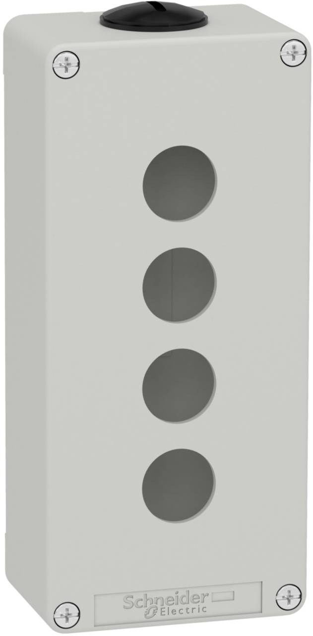 Gehäuse mit vier runden Öffnungen für Schaltermontage, graues Design, oben schwarzer Knopf. Schneider Electric-Logo unten.