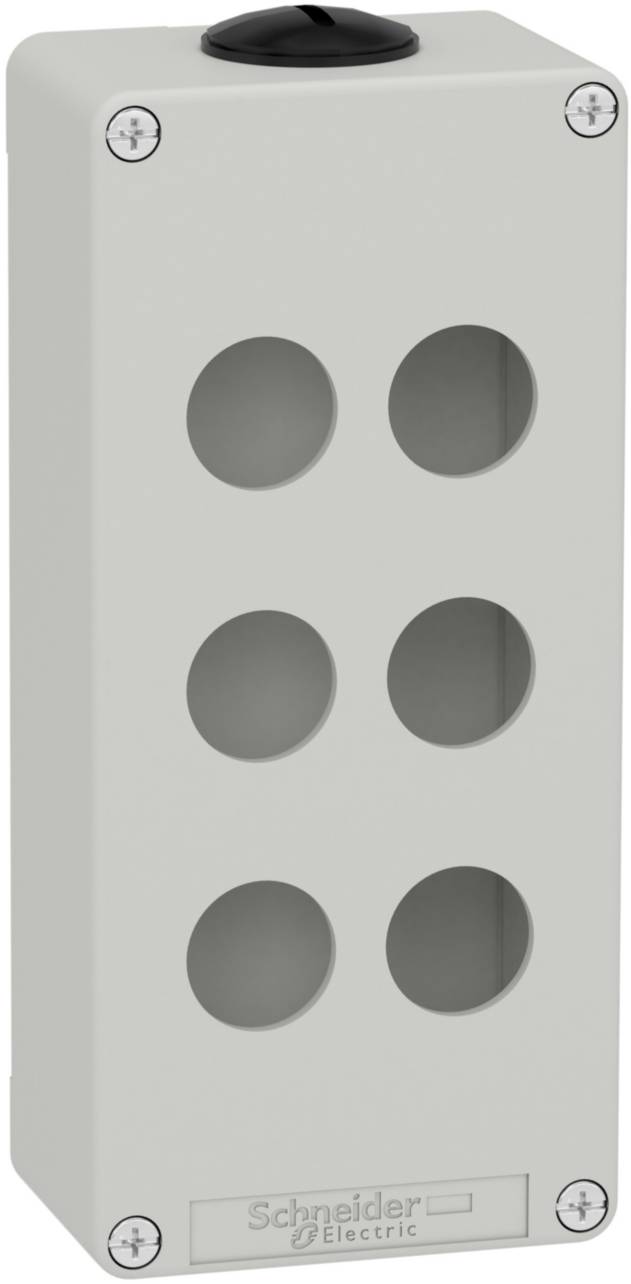 Gehäuse aus grauem Metall mit sechs kreisförmigen Öffnungen in zwei Reihen. Oben befindet sich ein schwarzes Element. 