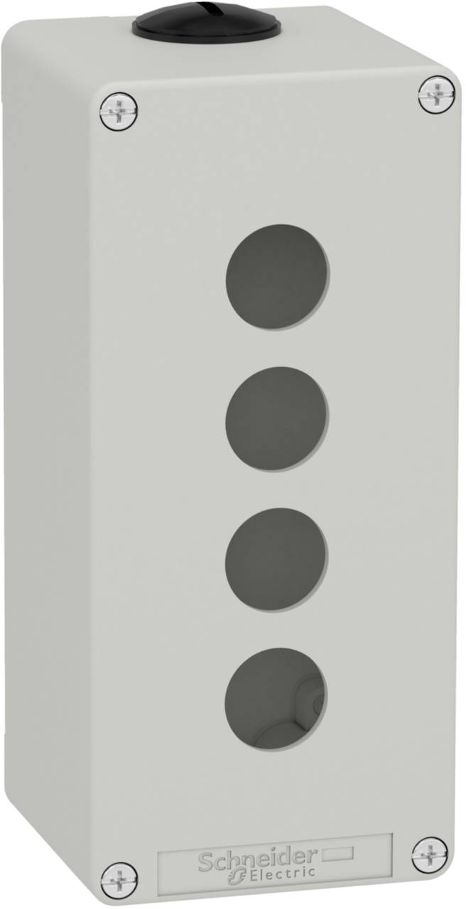 Metallgehäuse von Schneider Electric mit vier runden Öffnungen an der Vorderseite, geeignet zur Aufnahme von Drucktastern oder Schaltern.