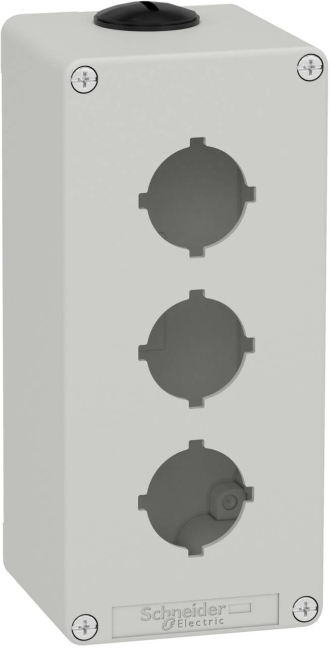 Grau-weiße Gehäuseschale mit drei runden Frontplatten zur Montage von Steuergeräten, hergestellt von 'Schneider Electric'.