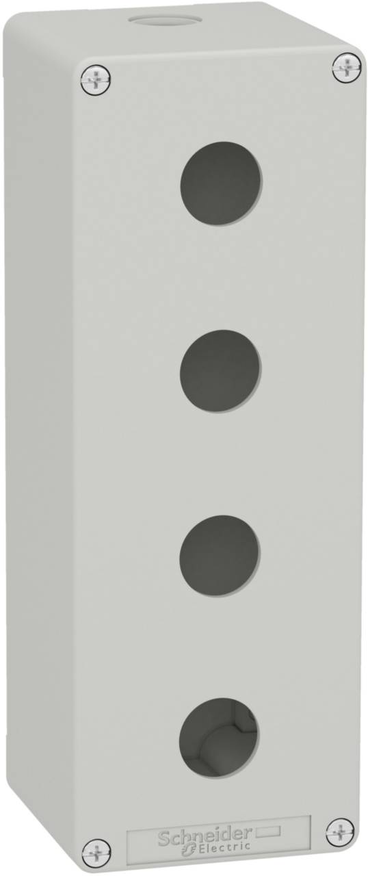 Graues Kunststoffgehäuse für Taster mit vier runden Aussparungen zur Geräteinstallation.