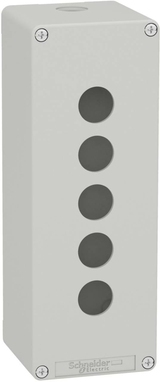 Gehäuse mit fünf runden Öffnungen in einer vertikalen Reihe auf der Vorderseite, Markenlogo 'Schneider Electric' unten sichtbar.