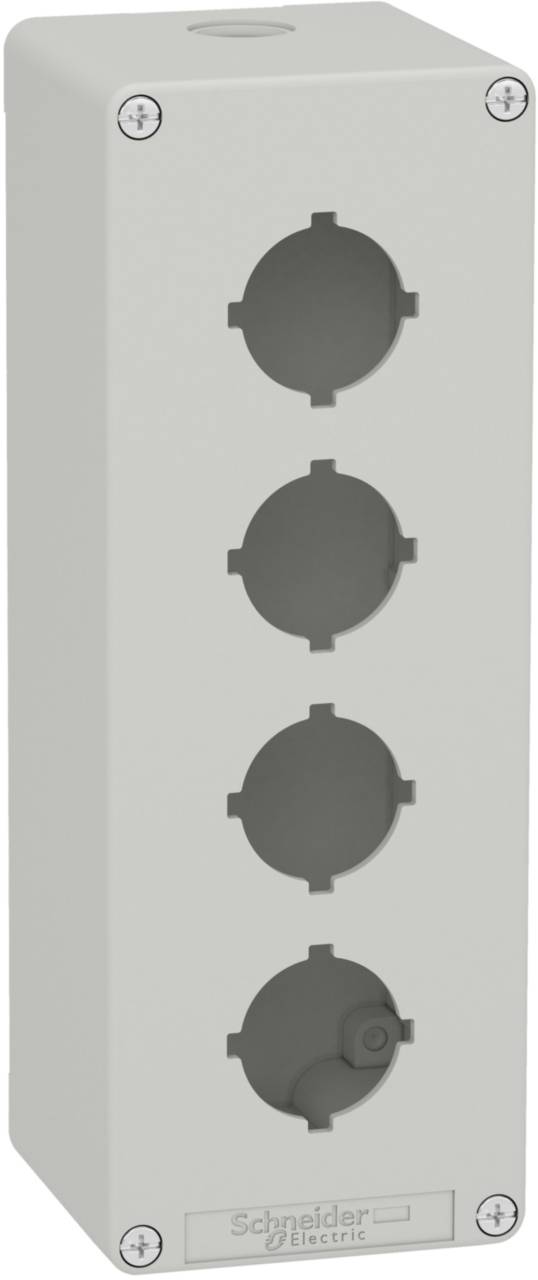 Gehäuse für elektrische Schalttafeln mit vier runden Öffnungen und Schrauben in den Ecken. Markenname 'Schneider Electric' an der Unterseite.