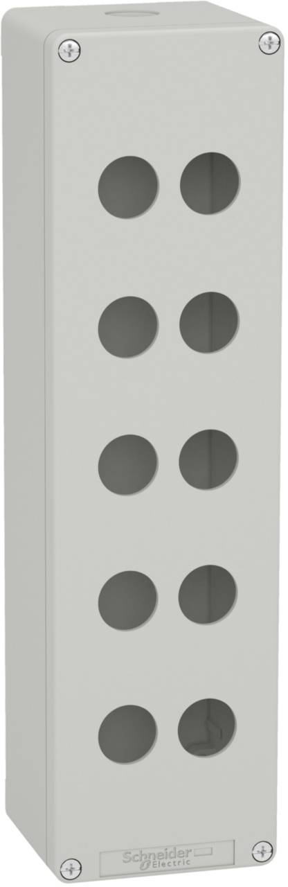 Gehäuse für Schalttafeln von Schneider Electric, mit acht kreisförmigen Ausschnitten zur Montage von Tasten oder Anzeigen.