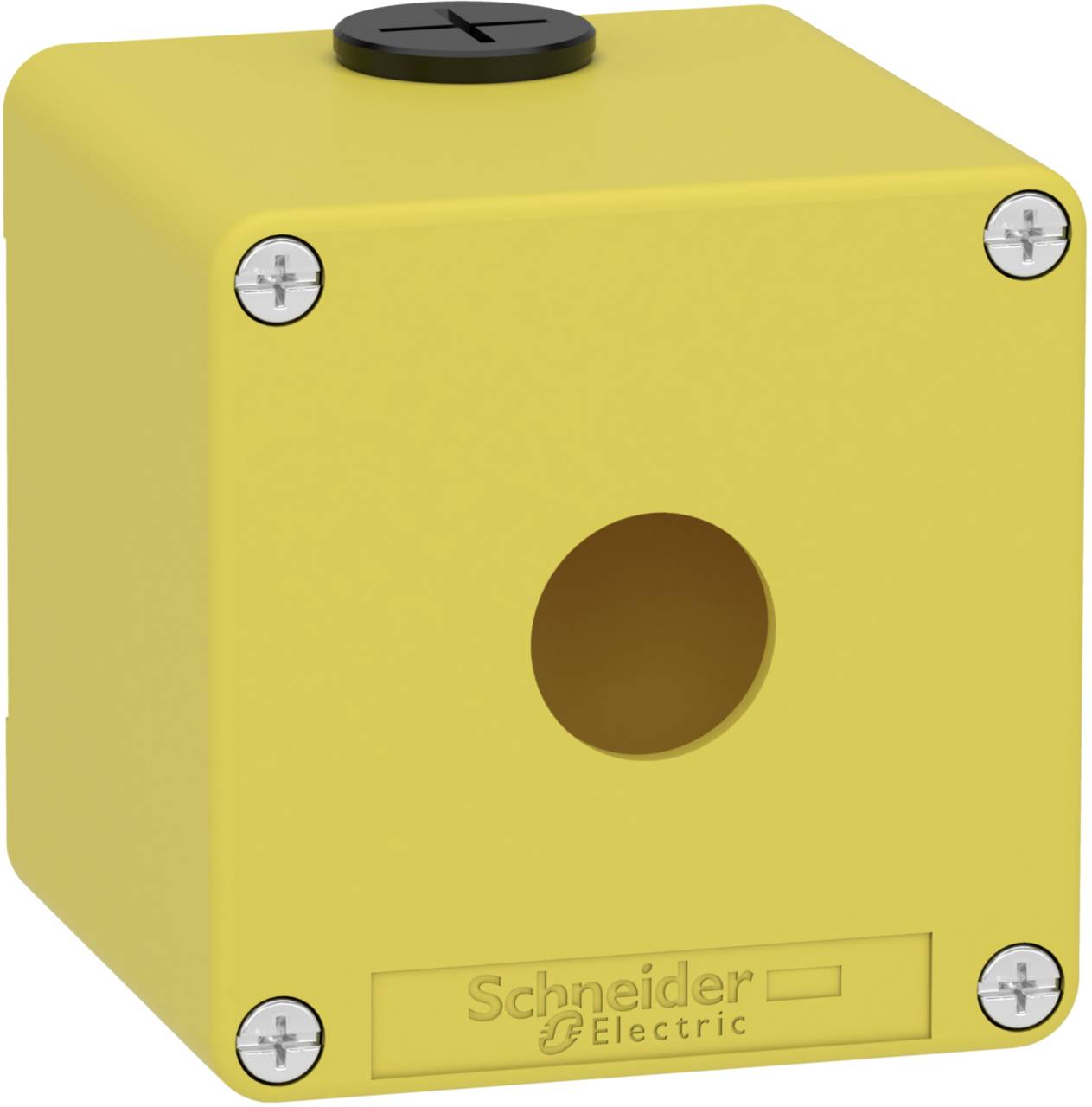 Gelbes Kunststoff-Gehäuse mit rundem Loch und Kreuzschlitzschrauben an den Ecken, mit Aufschrift 'Schneider Electric' an der Unterseite.