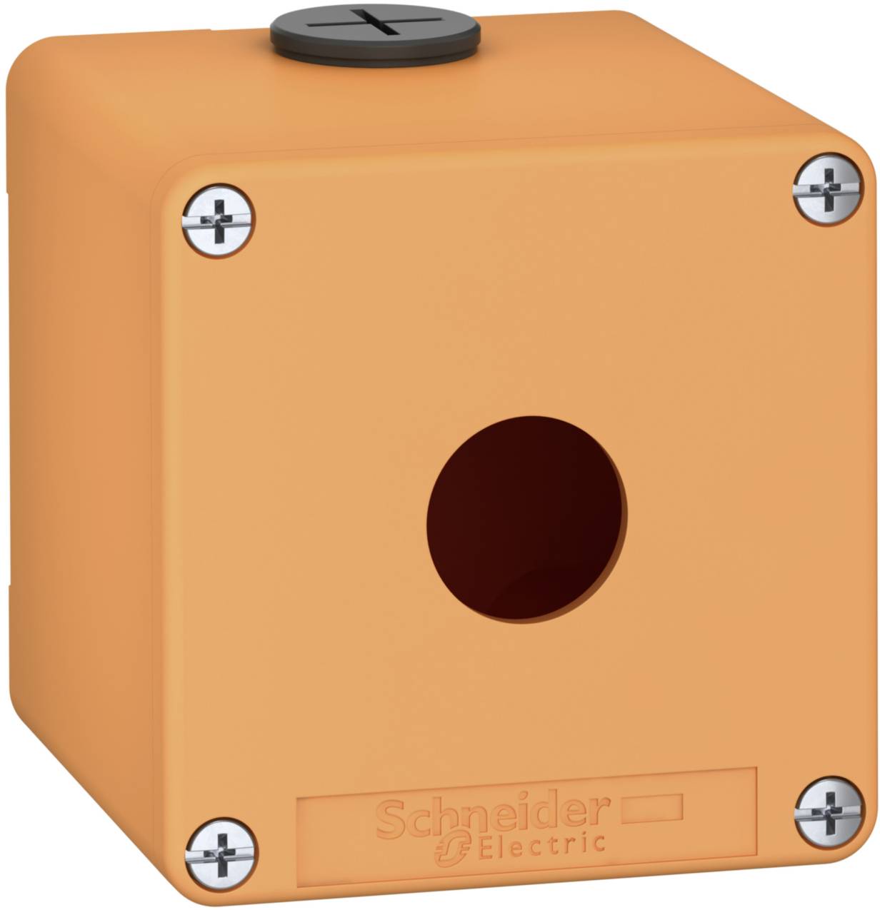 Orange Kunststoffgehäuse von Schneider Electric mit Schrauben an den Ecken und einer zentralen Öffnung.