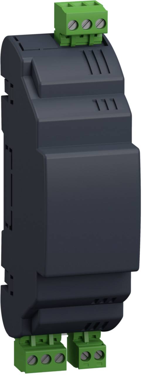 Ein schwarzes elektrisches Gerät mit grünen Anschlussklemmen oben und unten, geeignet für die Montage in einem Schaltschrank.