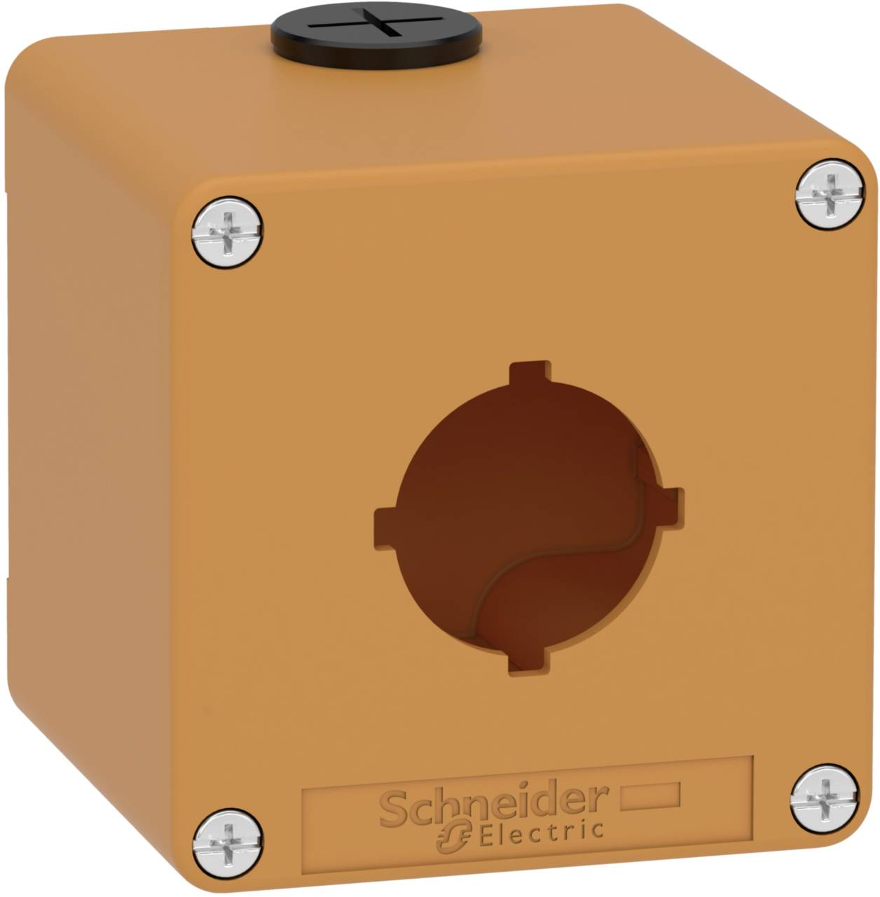 Orangefarbige quadratische Box mit Schrauben an den Ecken, einem kreisförmigen Steckereinsatz in der Mitte und 'Schneider Electric'-Logo.