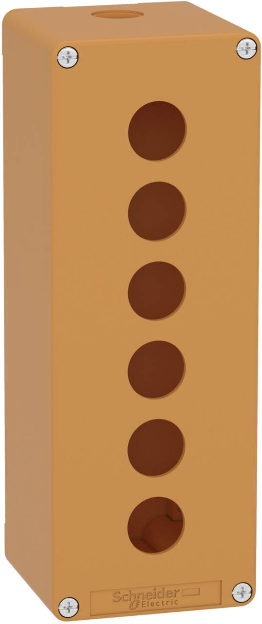 Orangefarbene Sicherheitsschaltbox mit sechs runden Öffnungen vorne. Geeignet für industrielle Umgebungen zur Montage von Bedienelementen.