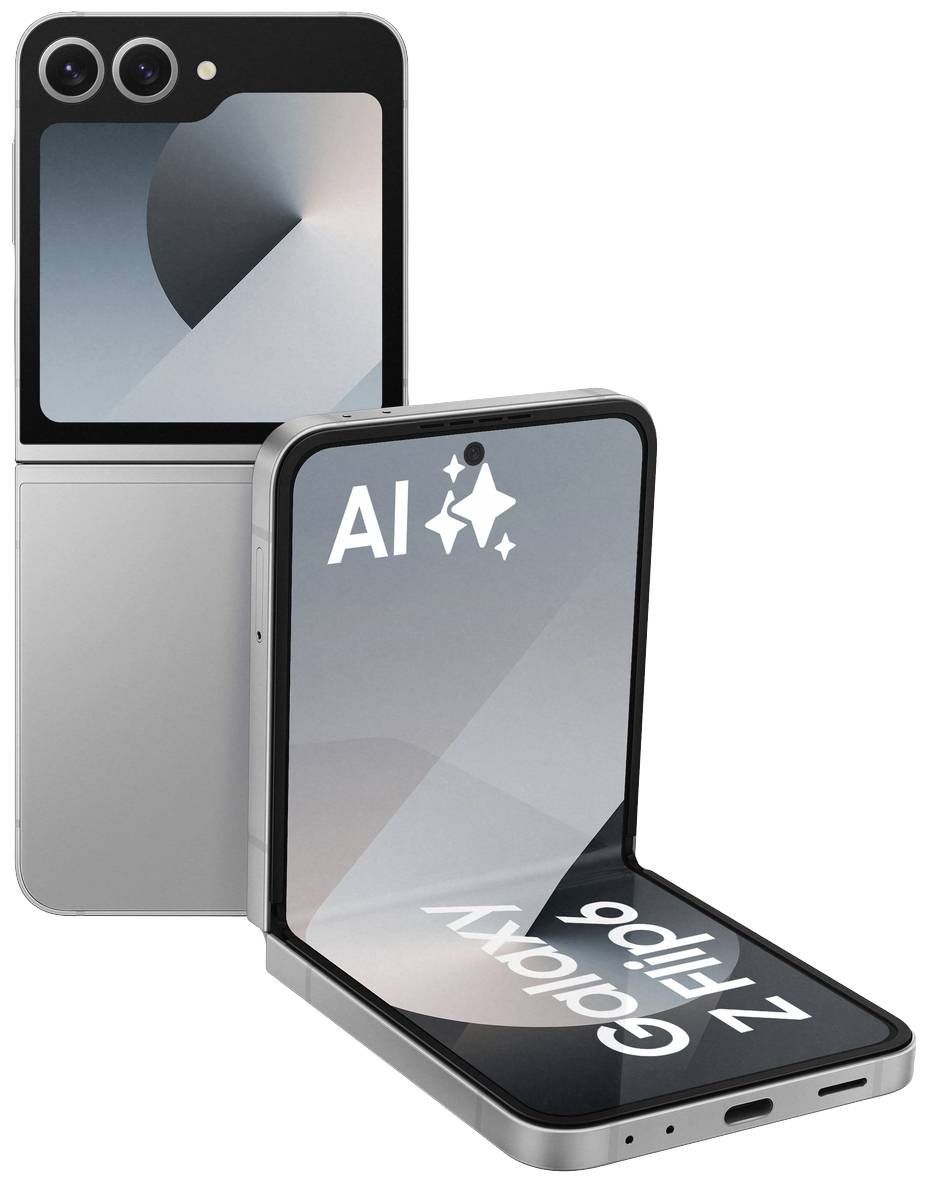 Zwei silberne Klapp-Smartphones, eines halb geöffnet, eines geschlossen. Display zeigt Text 'AI' und 'Galaxy Z Flip'.