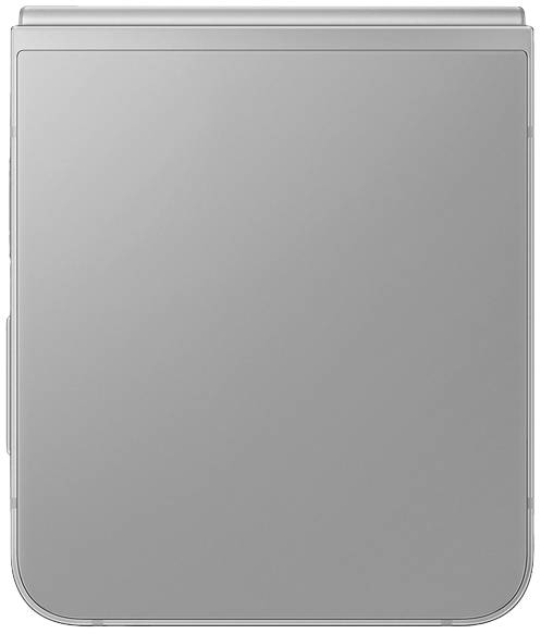 Ein zusammengeklapptes, silbernes Smartphone mit glatter Oberfläche, das an eine flache, rechteckige Form erinnert.