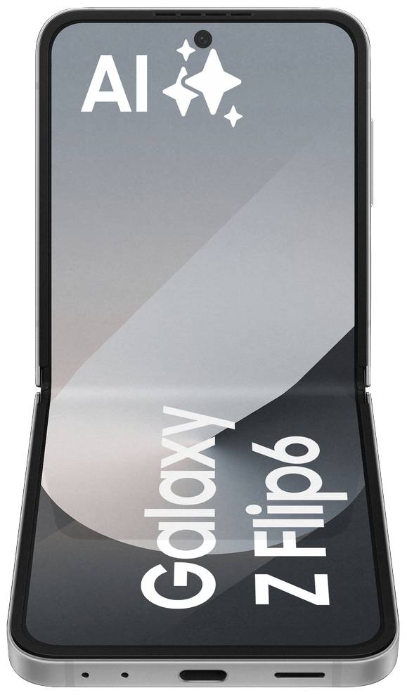 Ein aufklappbares Smartphone zeigt den Schriftzug 'Galaxy Z Flip6' auf dem Bildschirm. Oben links befinden sich die Buchstaben 'AI'.