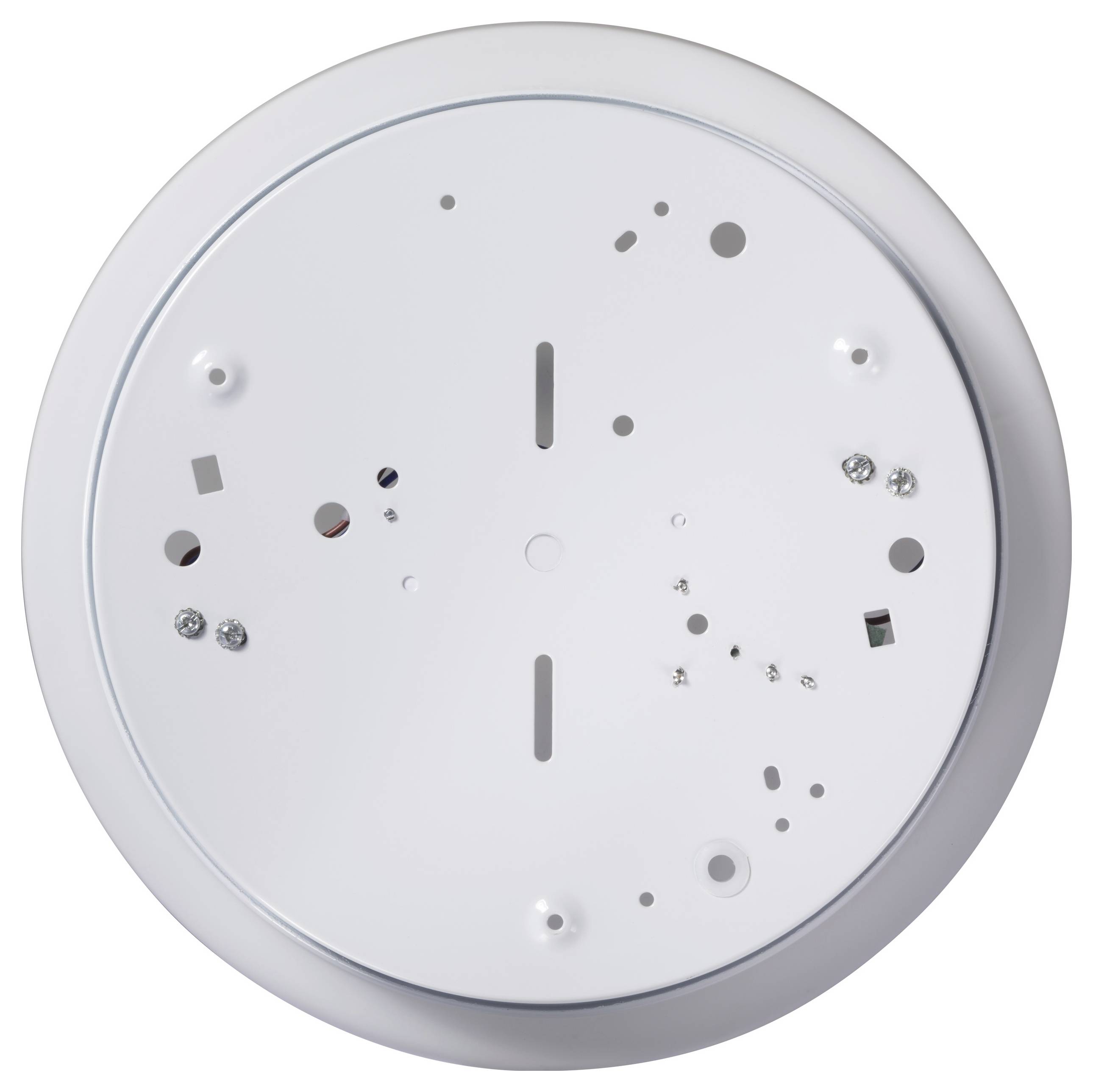 Eine runde weiße Montageplatte mit mehreren Löchern und Einkerbungen für die Befestigung von Geräten an der Decke oder Wand.