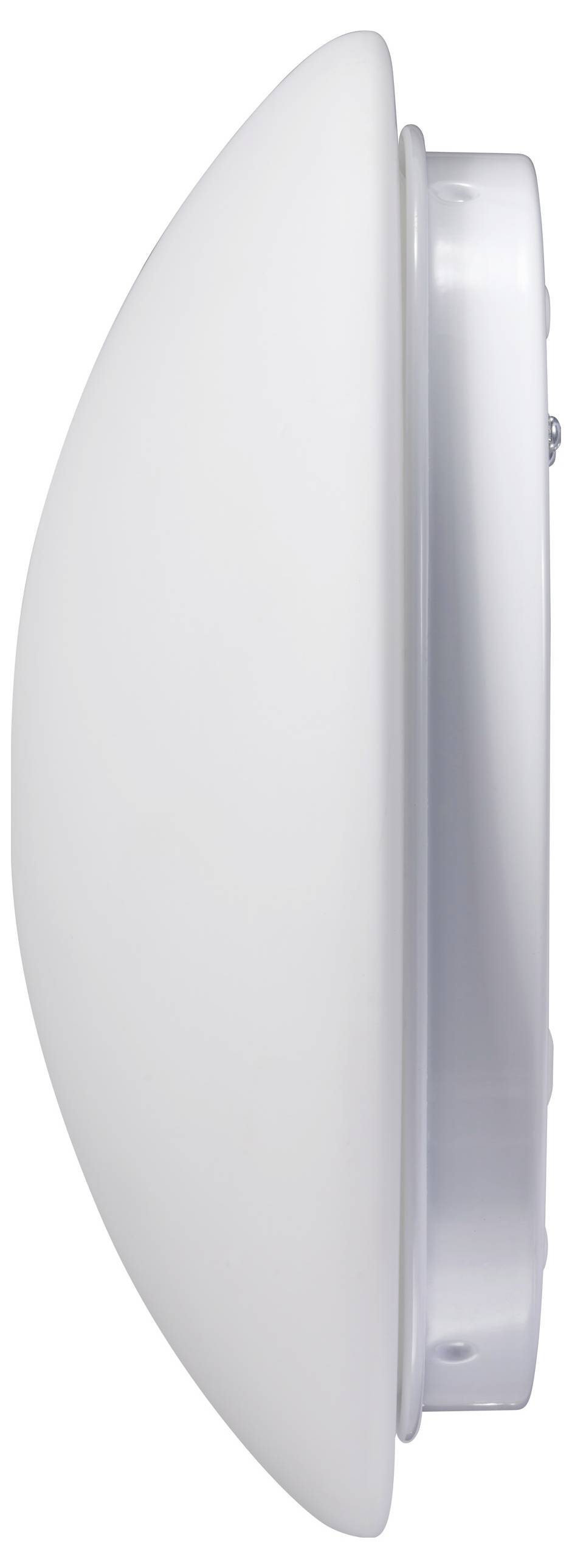 Weiße, runde LED-Deckenleuchte im Profil. Sie hat ein schlichtes Design und eine glatte Oberfläche, geeignet für moderne Räume.