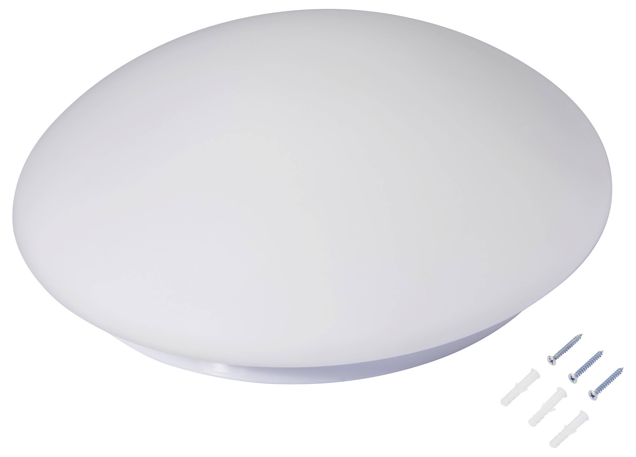 Weiße runde Deckenleuchte aus Kunststoff mit glatter Oberfläche. Daneben liegen drei Schrauben und Dübel für die Montage.