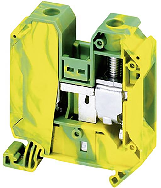 Gelb-grüner Reihenklemmenblock aus Kunststoff, verwendet für elektrische Verbindungen. Zeigt Metallfedern und Anschlüsse im Inneren.