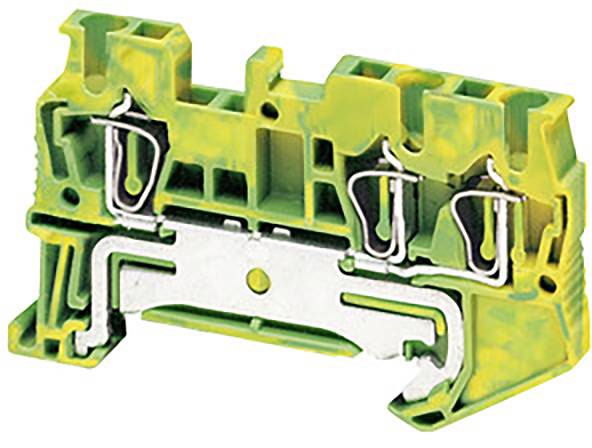 Grün-gelbes Reihenklemmenmodul mit Metallteilen zum Anschließen elektrischer Leitungen. Verwendet in der Elektroinstallation.