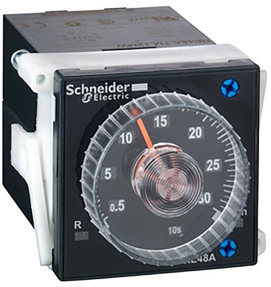 Industriezähler von Schneider Electric mit schwarzem Gehäuse und runder Skala für Zeitmessung in Sekunden.