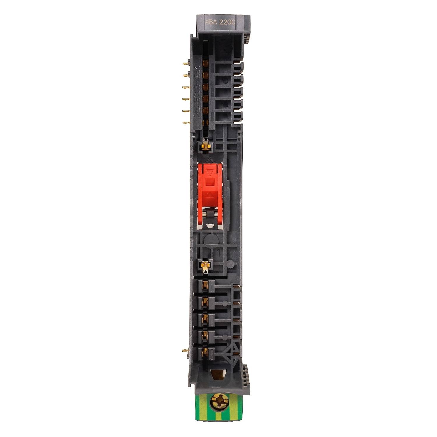 Ein elektronisches Modul mit vertikalen Anschlüssen und einem roten Schalter in der Mitte.