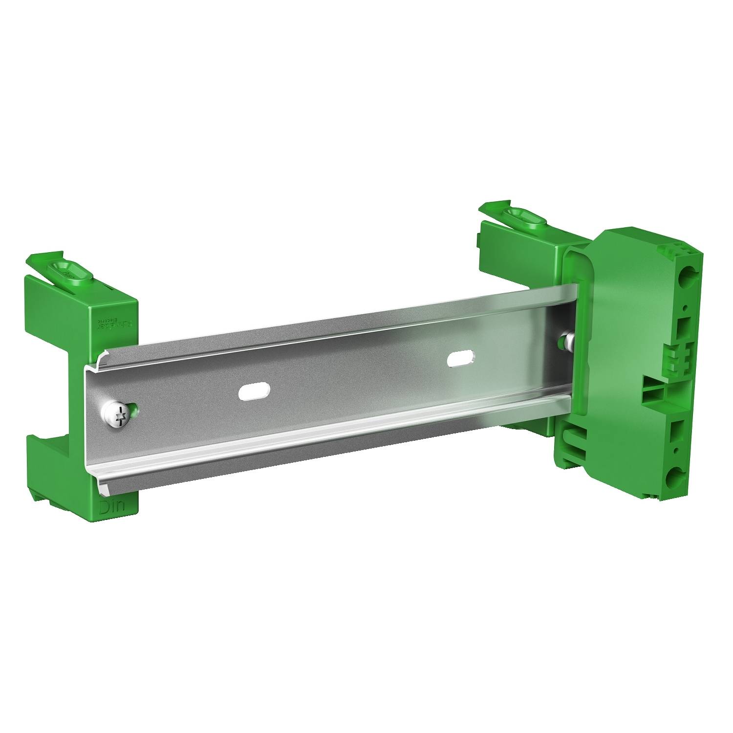 Grüner DIN-Schienenhalter für Elektronikgeräte, zeigt Haltekonstruktion für eine sichere Montage von Geräten auf einer Metallschiene.