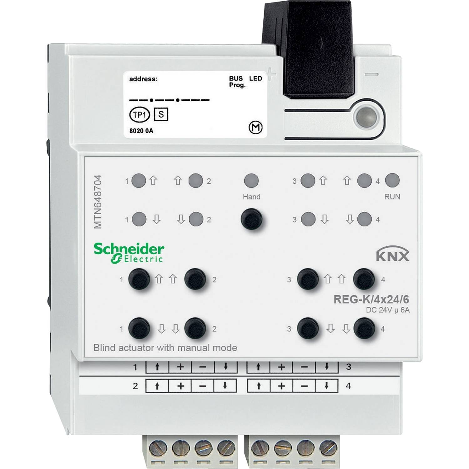 Elektrogerät von Schneider Electric, ein KNX-Jalousieaktor. Bietet manuelle Programmierung, hat LED-Anzeige und mehrere Anschlussklemmen.