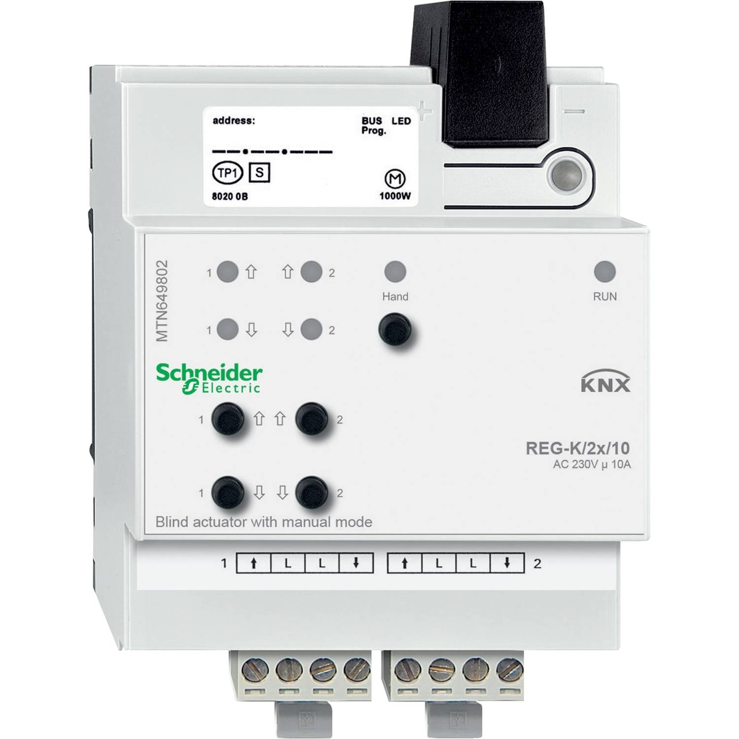 Ein KNX-Jalousieaktor der Marke Schneider Electric mit manueller Steuerung, Modell REG-K/2x/10, zur Steuerung von Jalousien.