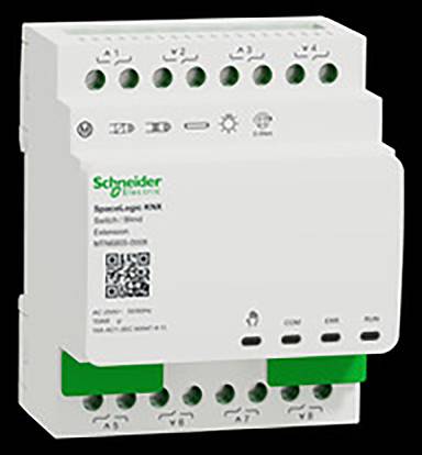 Schneider Electric Spacelogic KNX Schaltaktor mit vier Ausgängen; weiße rechteckige Form mit grünen Akzenten und Anschlüssen oben.