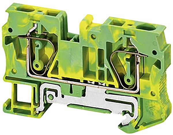 Grün-gelber Klemmenblock mit Metallkomponenten und zwei Federanschlüssen, verwendet zum sicheren Verbinden elektrischer Drähte.
