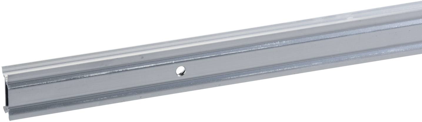 Silberne Metallschiene mit einem Loch in der Mitte, diagonal nach oben und rechts zeigend. Die Schiene hat einen schlanken, langen Körper.