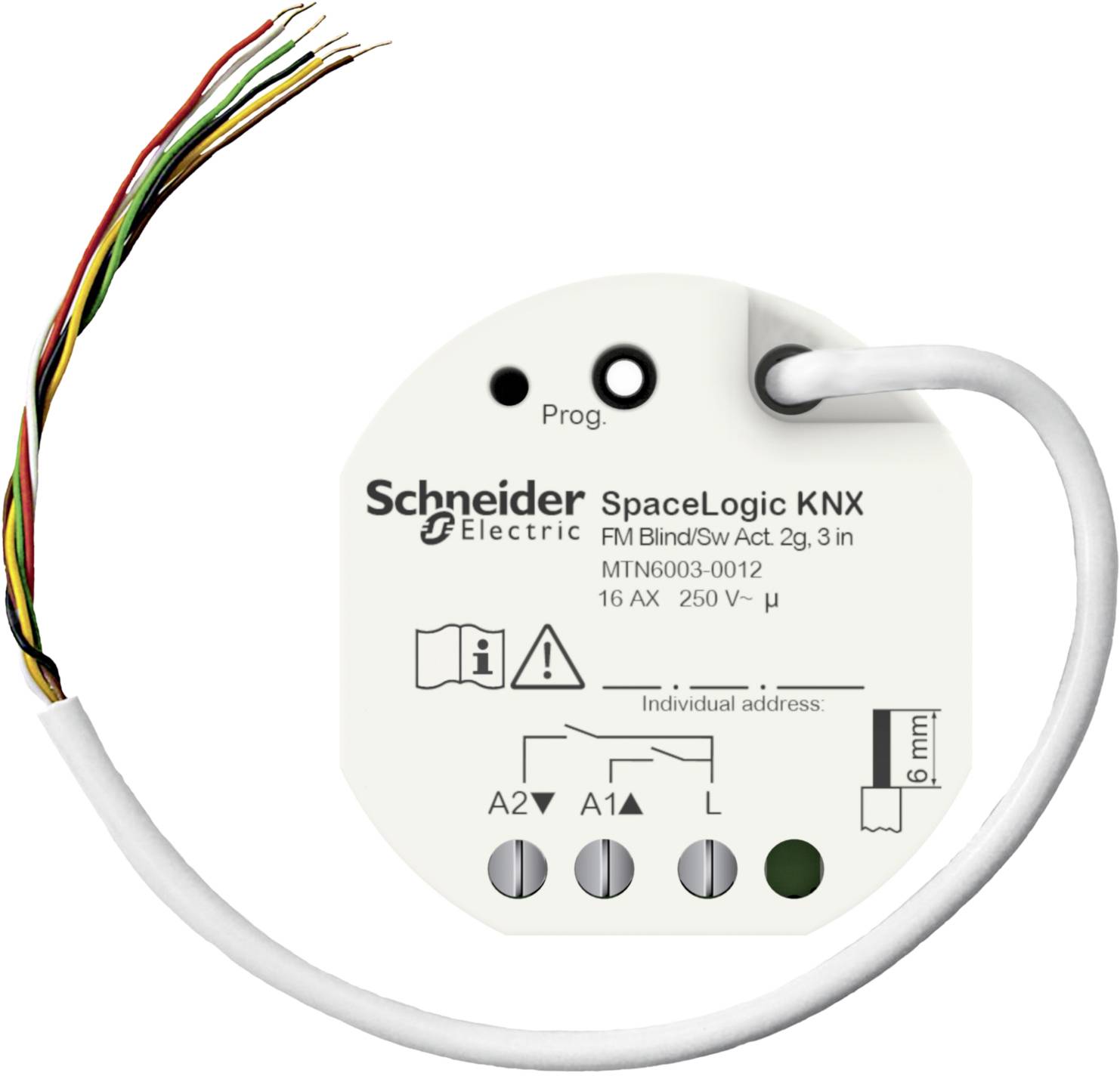 KNX-Schalter für Gebäudeautomatisierung mit Drähten, Hersteller: Schneider Electric. Modelldetails und Spezifikationen auf Vorderseite.