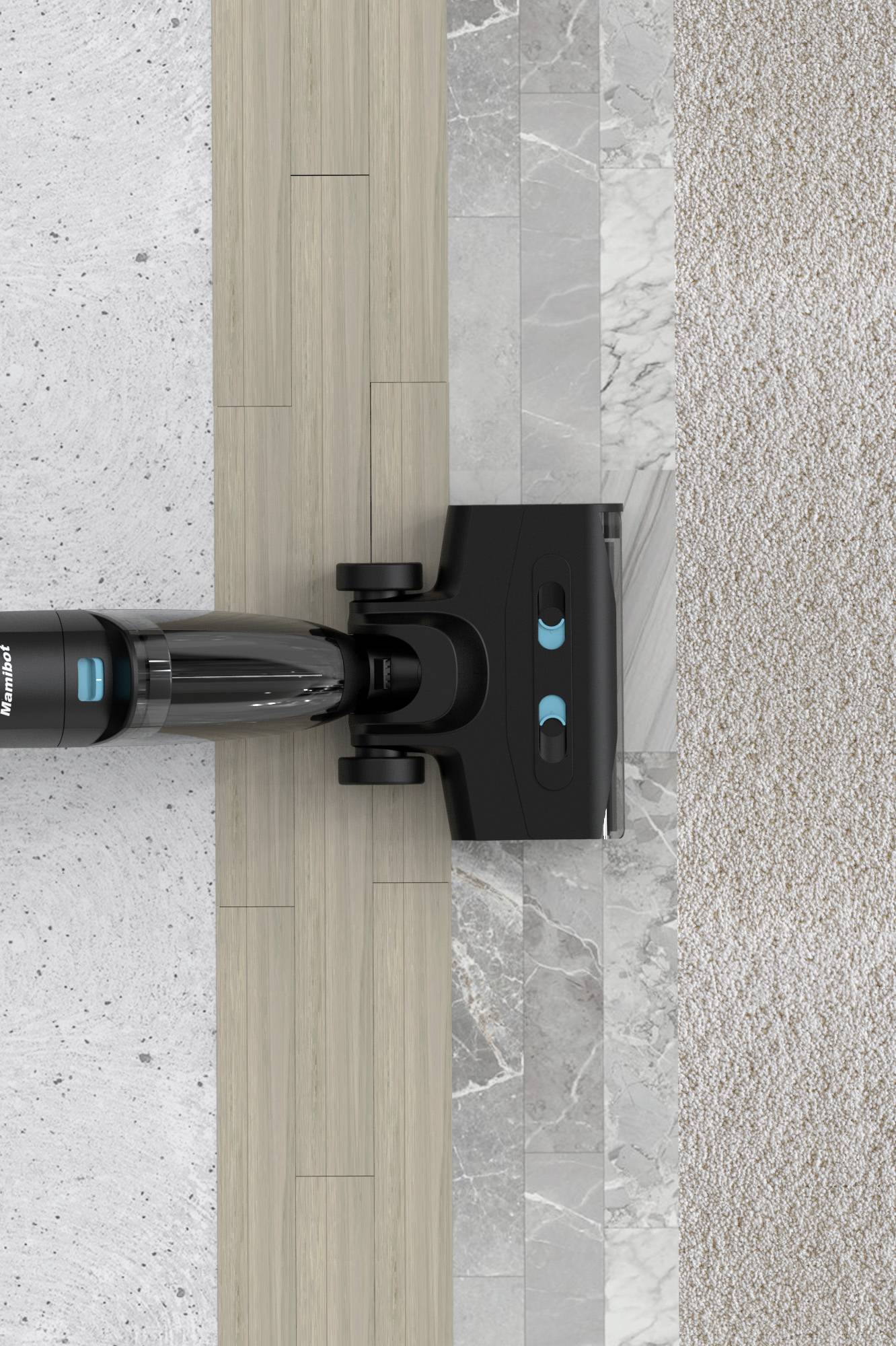 Staubsauger mit schwarzem Kopf und grauem Griff säubert drei Arten von Böden: Parkett, Fliesen und Teppich.