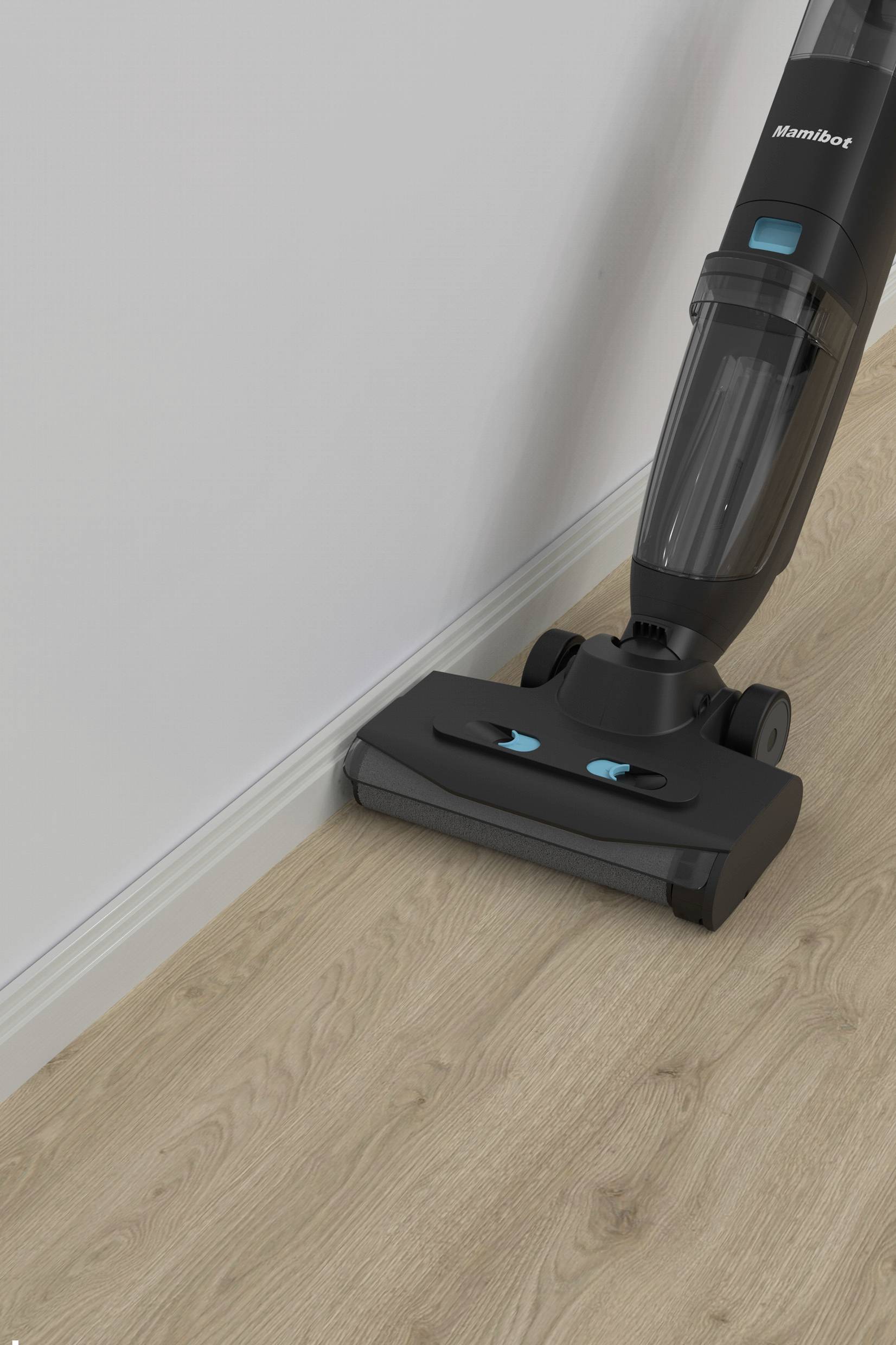 Ein Staubsauger reinigt eine Holzbodenfläche entlang einer weißen Fußleiste.