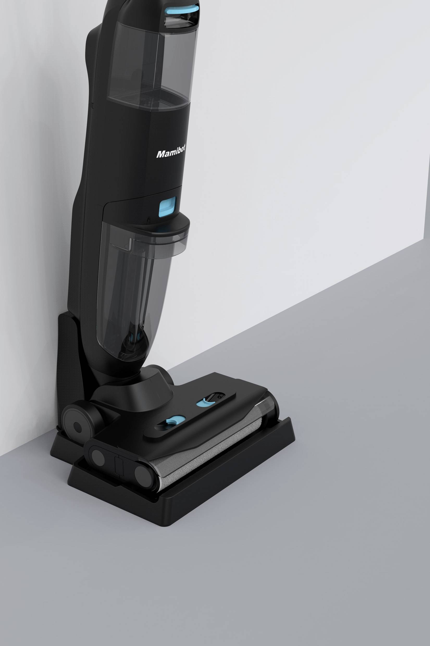 Schwarzer kabelloser Staubsauger steht an einer weißen Wand mit blau beleuchteten Bedienelementen auf einem grauen Boden.