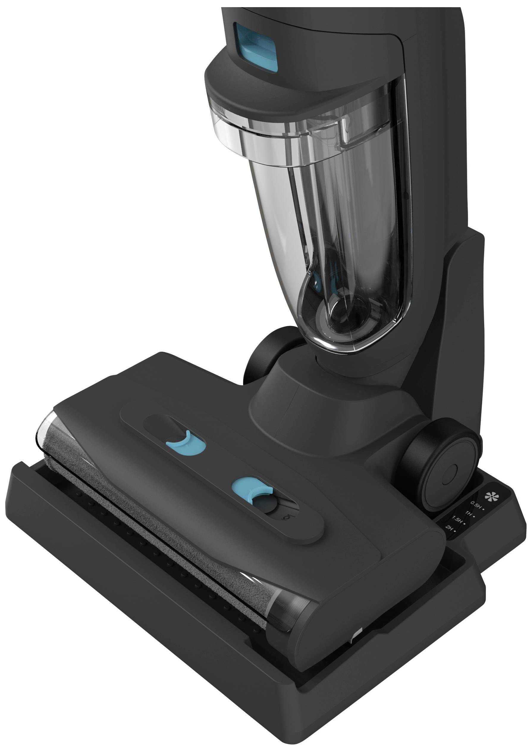 Ein schwarz-grauer Staubsauger mit transparentem Schmutzbehälter und blauen Akzenten, geeignet für die Reinigung von Hartböden.