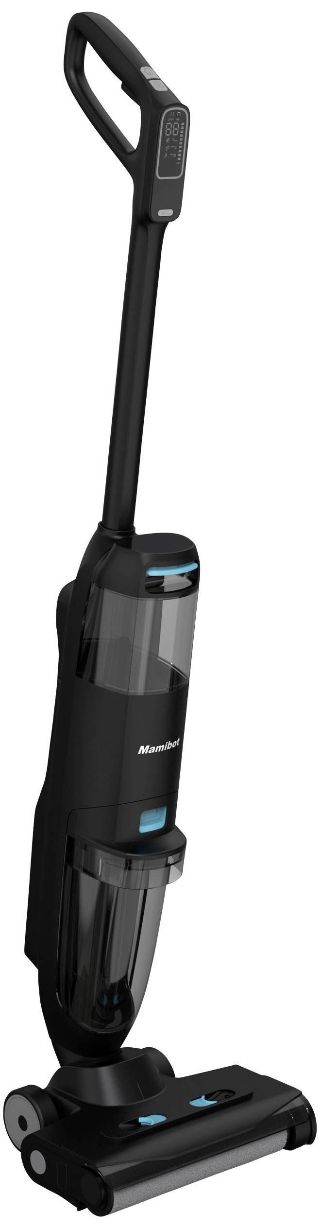 Ein schwarzer, schlanker kabelloser Staubsauger mit langem Griff und moderner Bauweise, ideal für eine einfache Bodenreinigung.