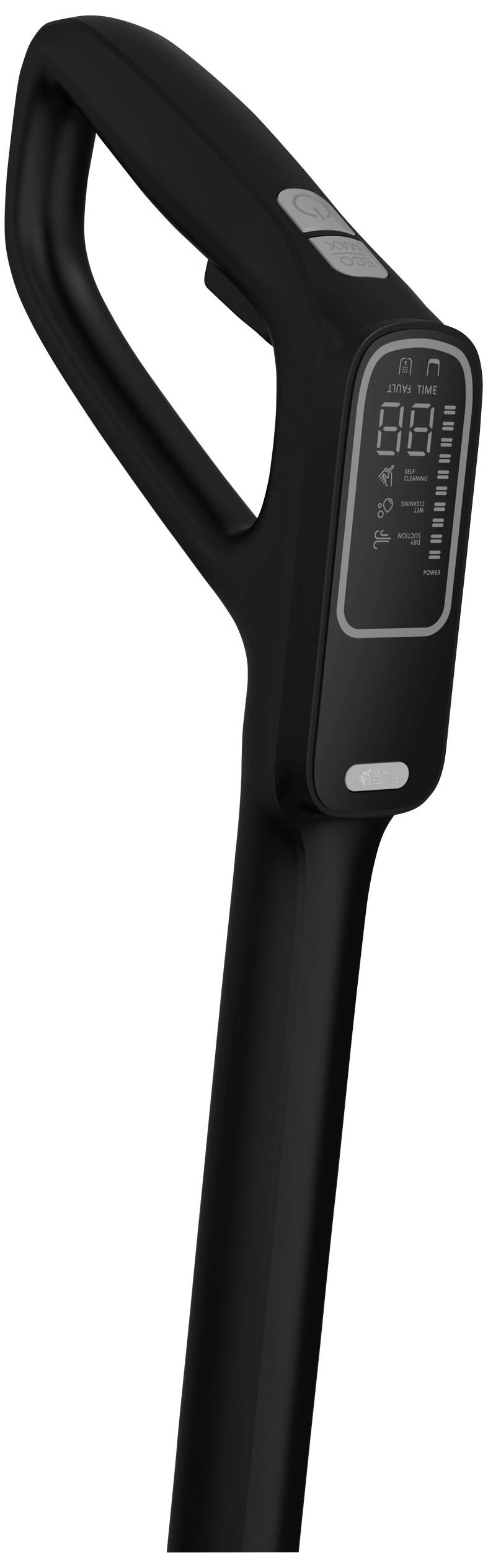 Schwarzer Staubsaugergriff mit integriertem Display, das Ladestand und Betriebsmodus anzeigt. Ergonomisches Design für einfache Handhabung.
